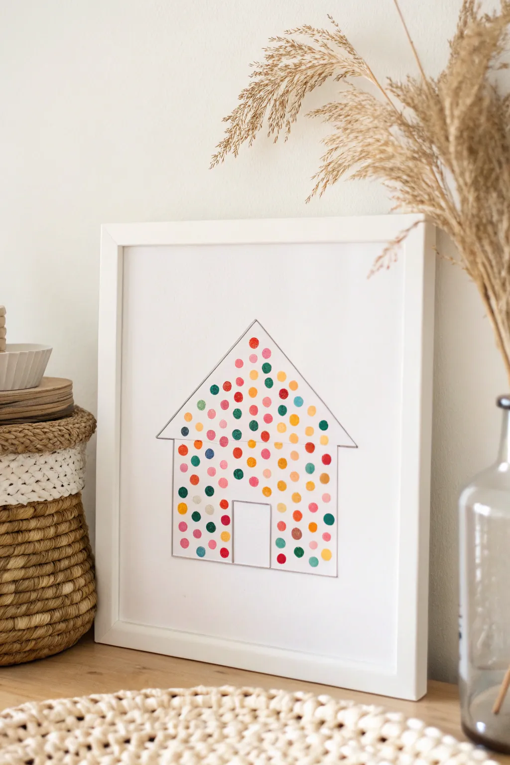 Discover the enchanting simplicity of pointillism with a charming house scene. Perfect for a touch of storybook magic in your minimalist decor.