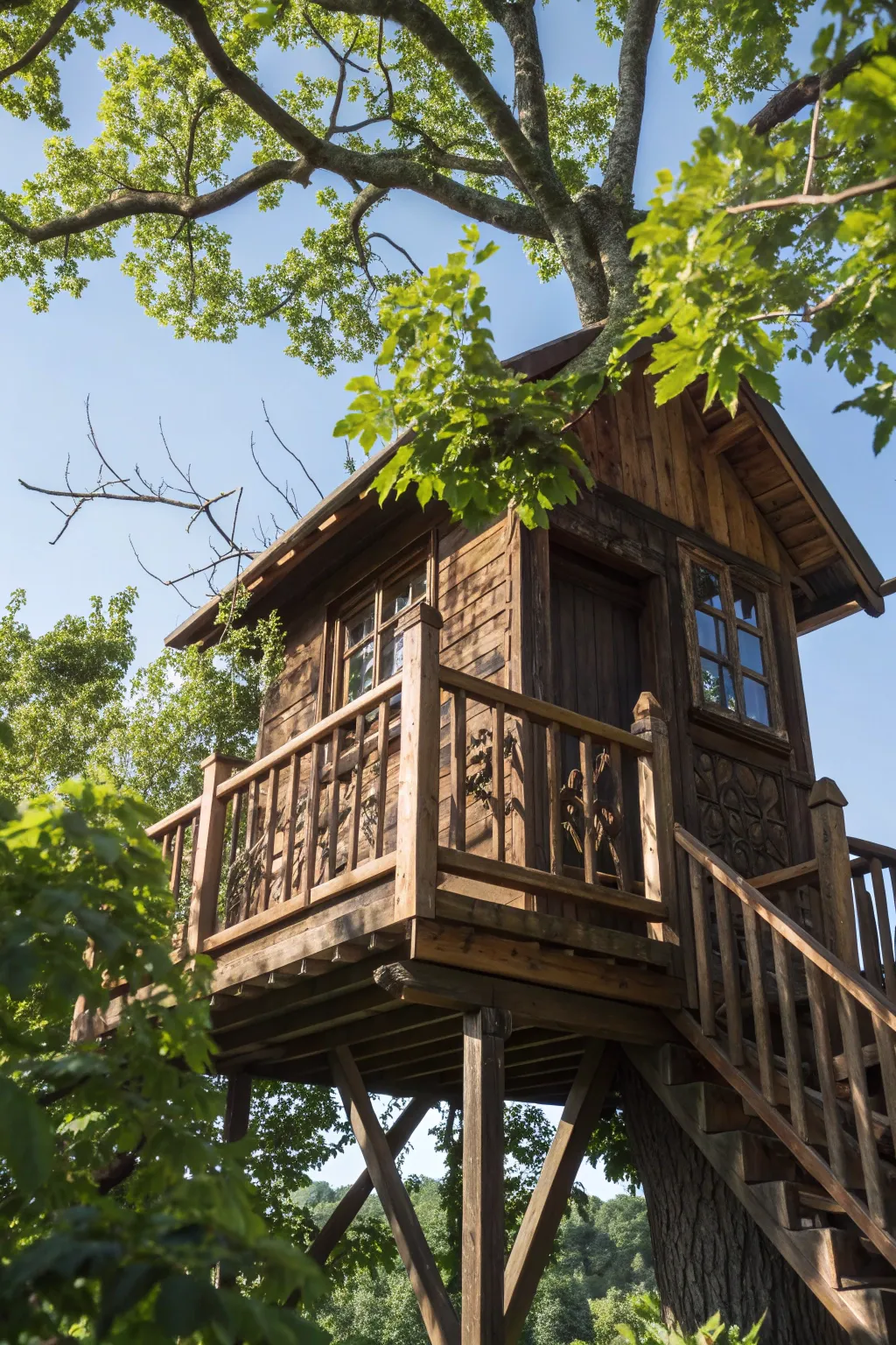 Embrace tranquility with this handcrafted treehouse balcony, your personal escape in the treetops.