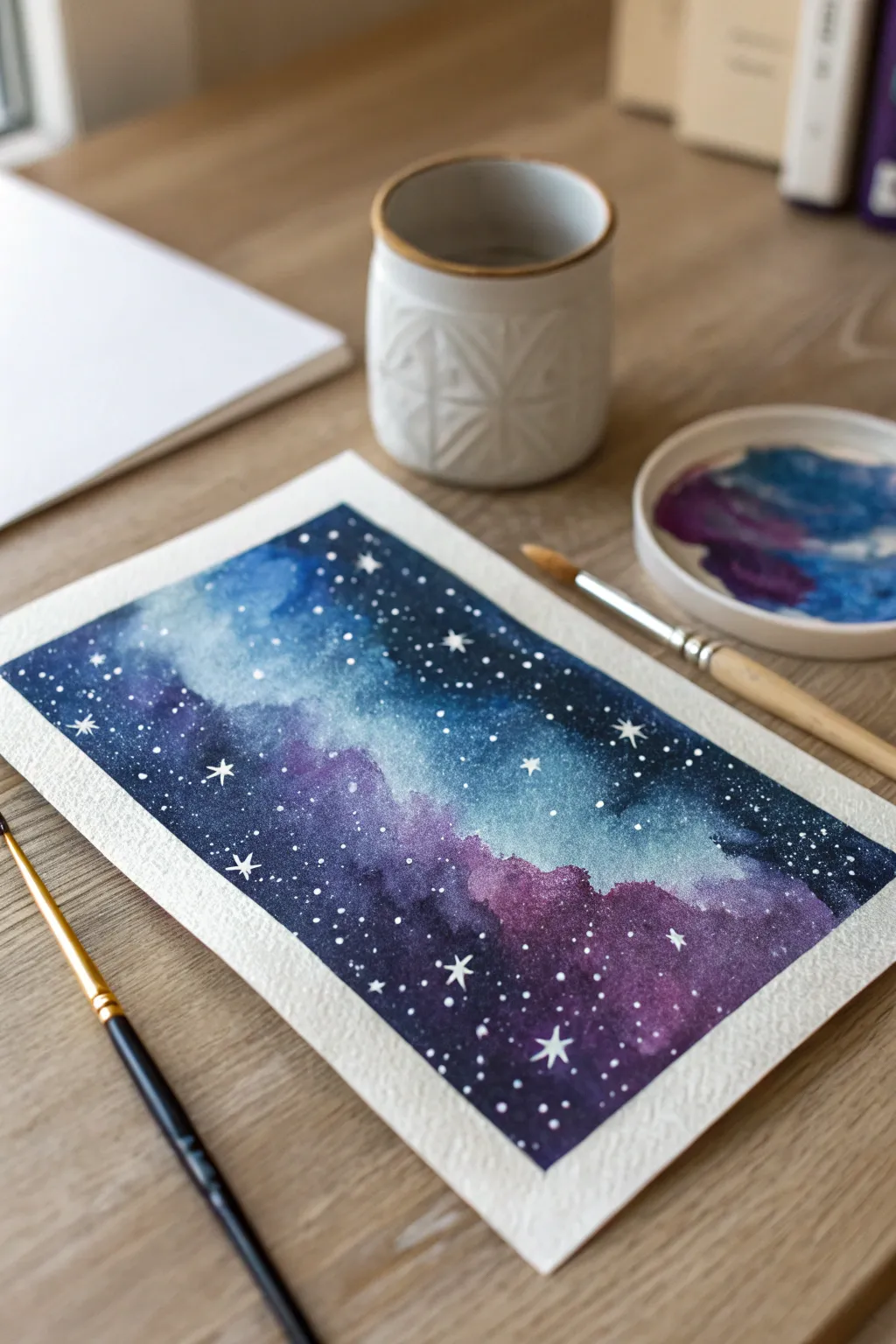 Explore the universe through the calming art of watercolor galaxy painting.