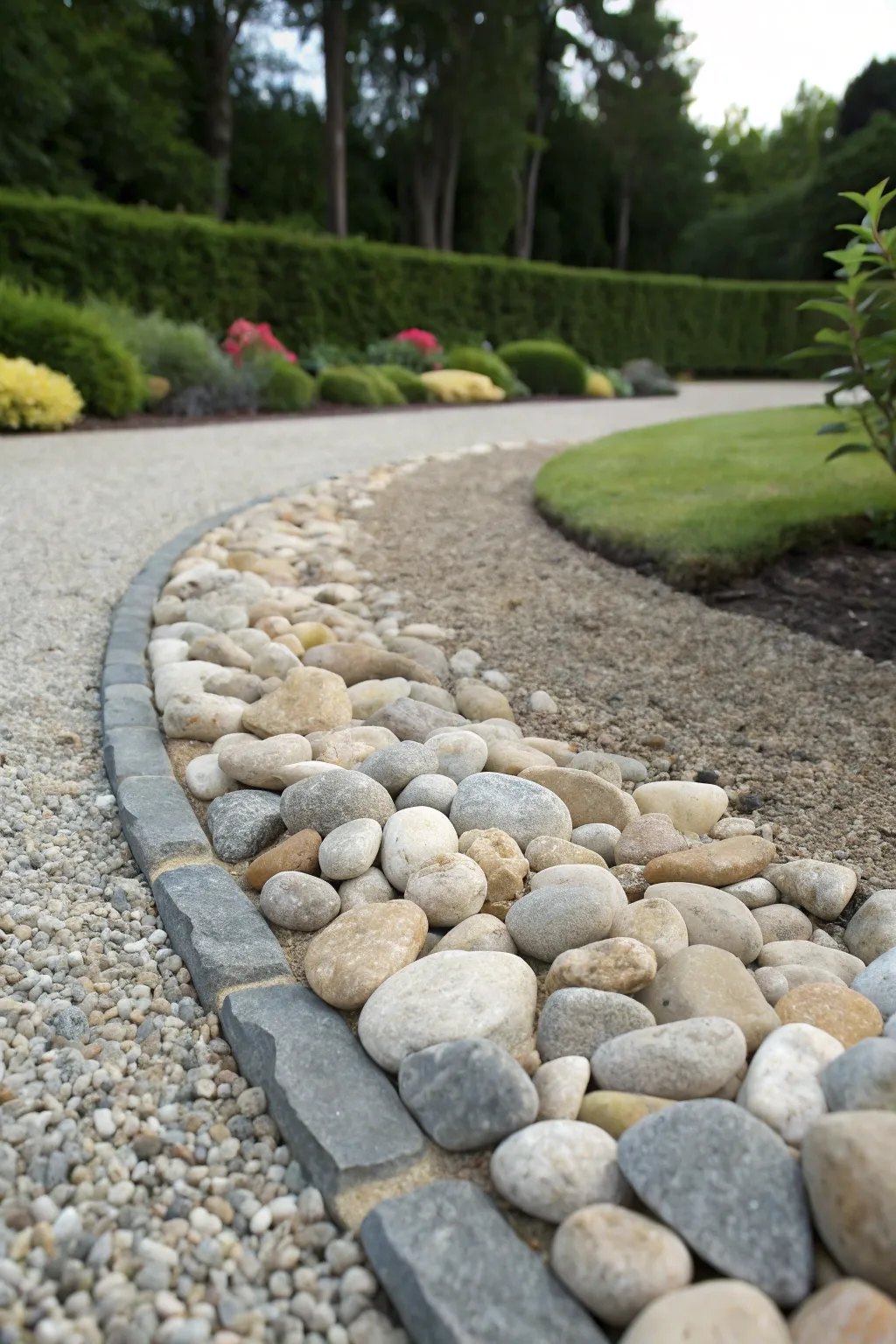 Elevate your driveway with a playful pebble border, where craftsmanship meets nature.