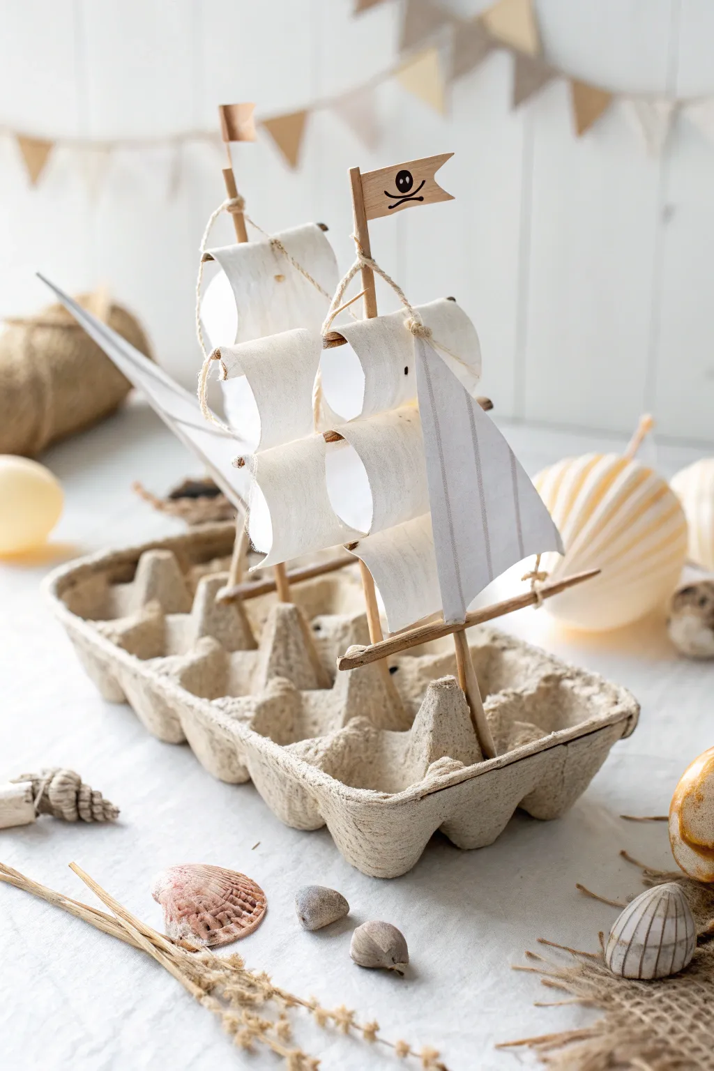 Set sail on a whimsical adventure with this charming egg carton pirate ship!