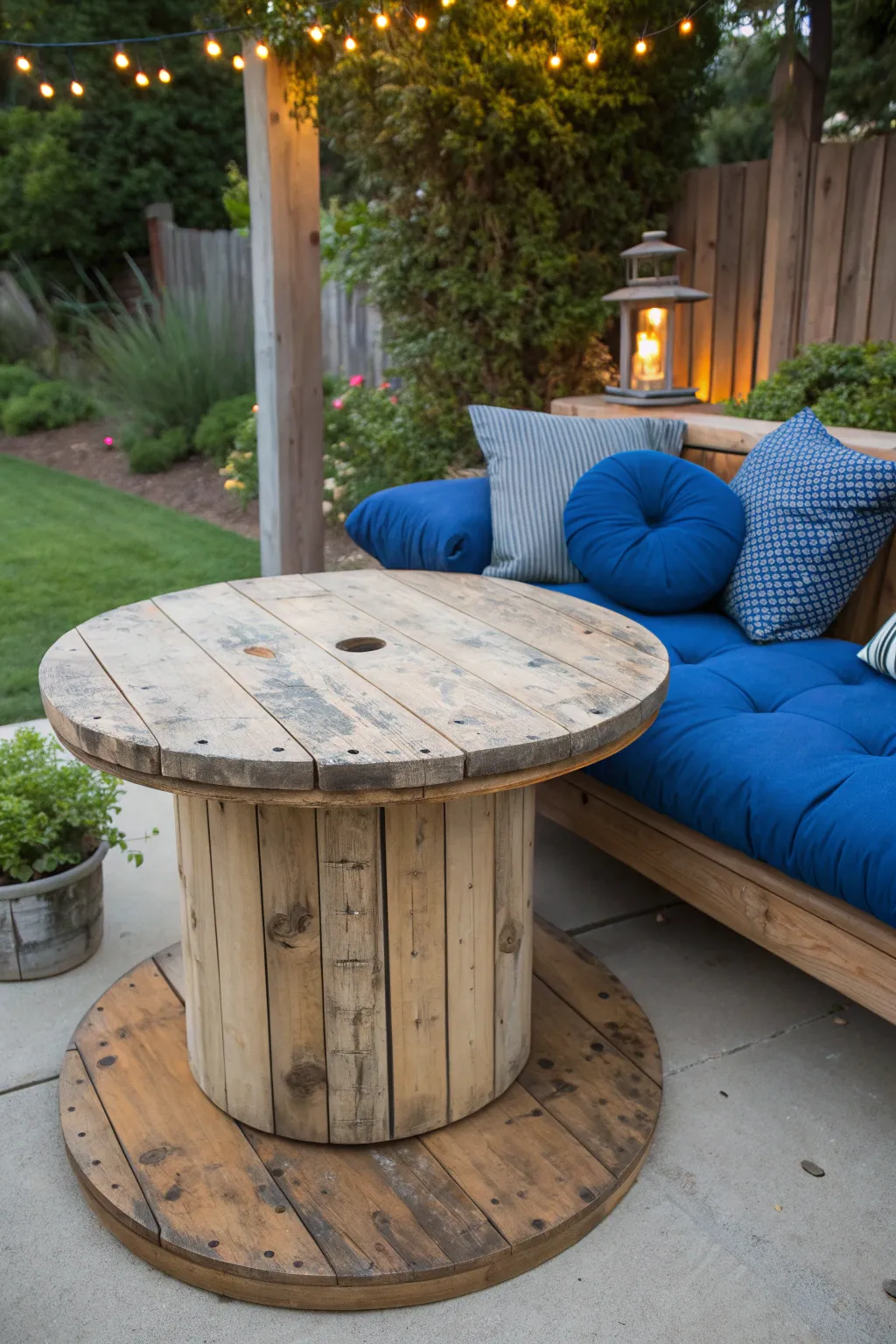 Transform your patio with this unique spool seating—where comfort meets craftsmanship.
