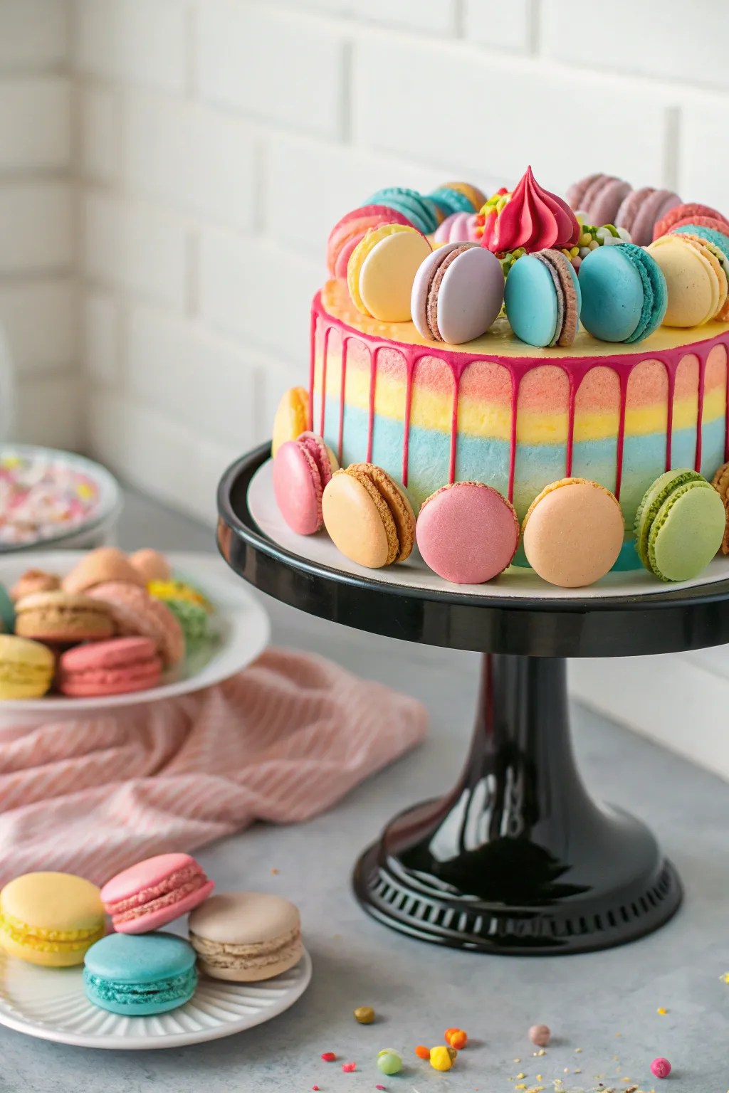 A chic cake adorned with colorful macarons for added elegance.