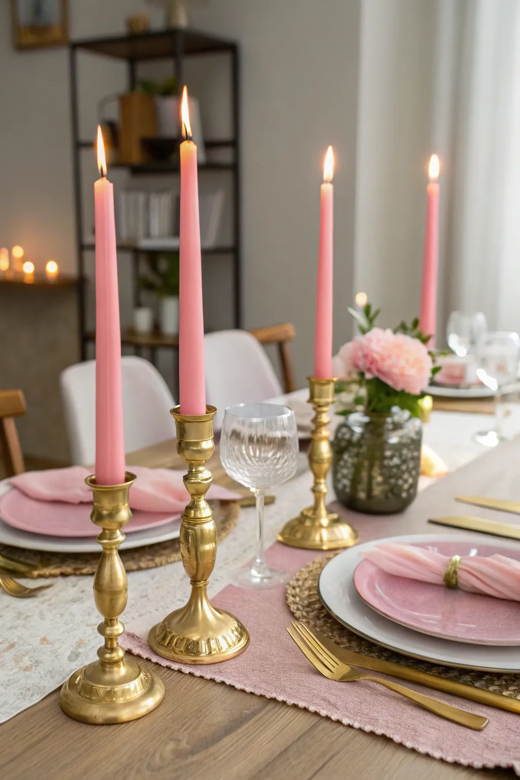 Candles in pink and gold holders create a warm glow.