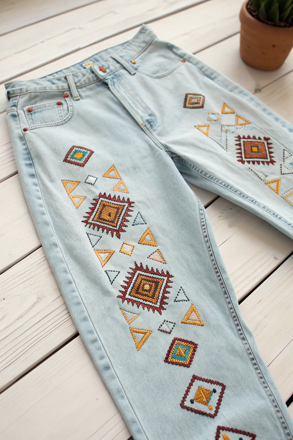 Elevate your denim with chic geometric embroidery. A perfect blend of minimalist style and boho flair!