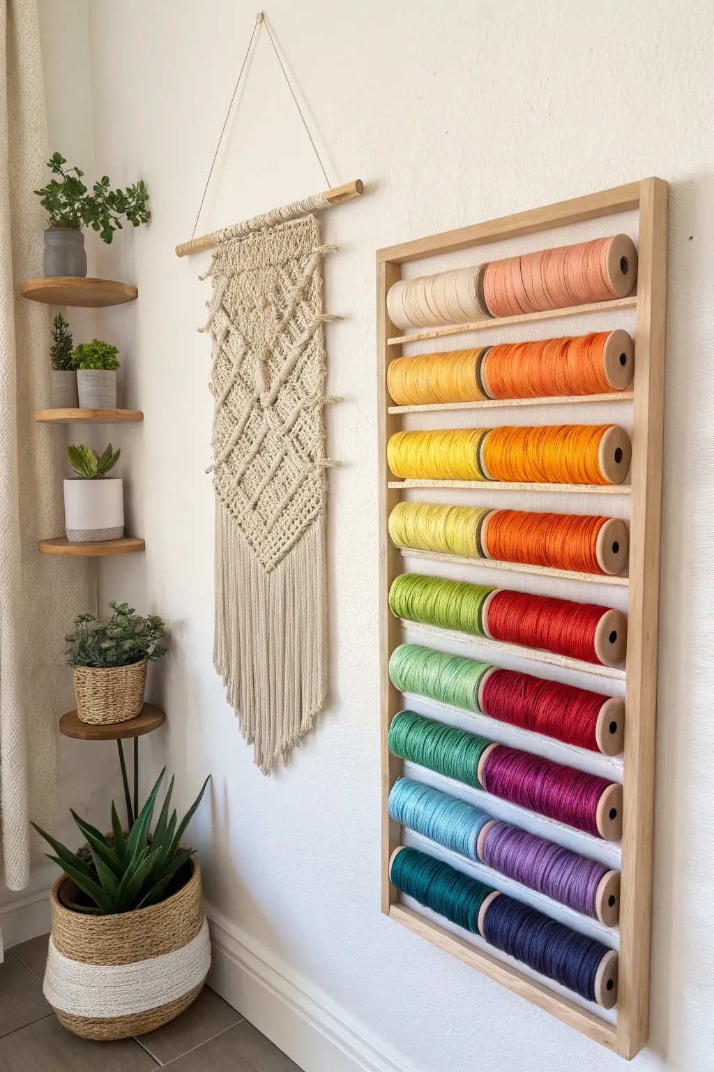 Transform your crafting space with color-coded thread organization that doubles as a stunning display of natural beauty.