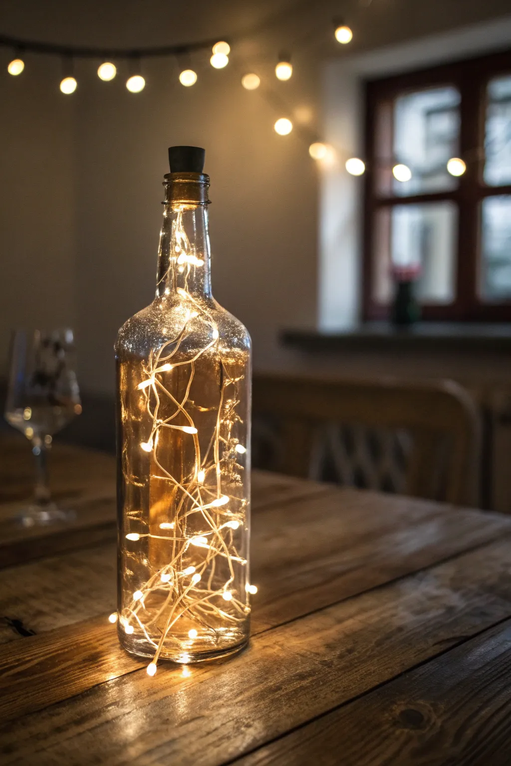 Transform your space with this enchanting bourbon bottle light display.