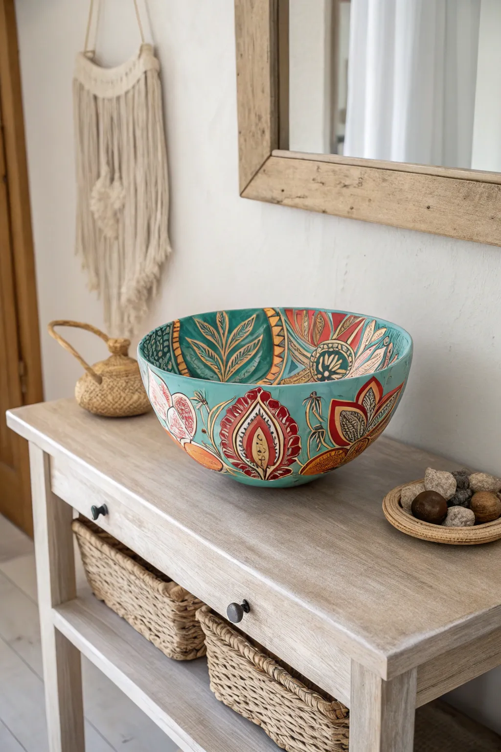 Add a splash of creativity to your entryway with a hand-painted art bowl that speaks to your artistic flair.