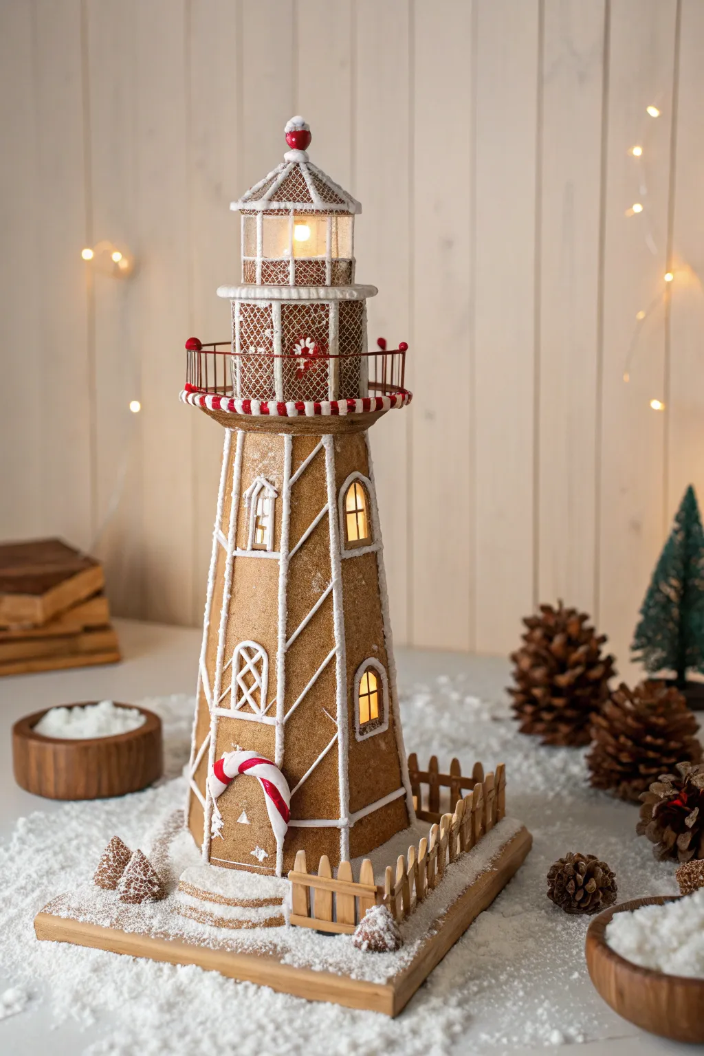 Illuminate your holiday spirit with a charming gingerbread lighthouse, where simplicity meets elegance.