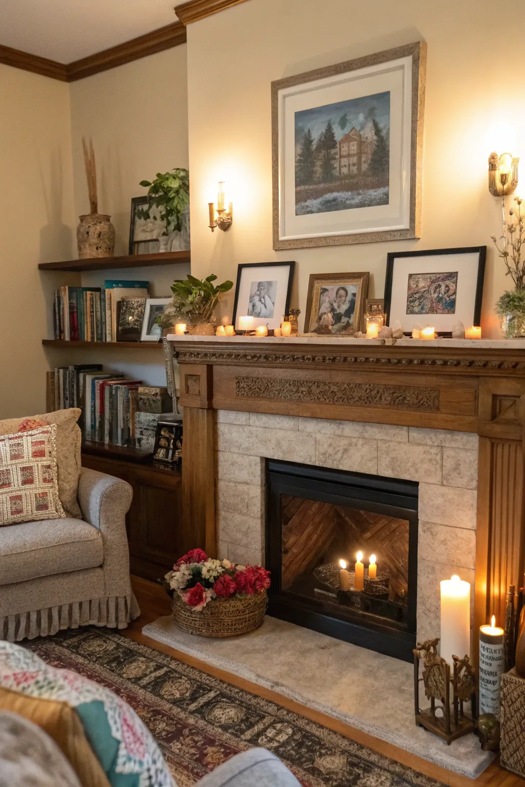 A personalized mantel adding character to the fireplace.