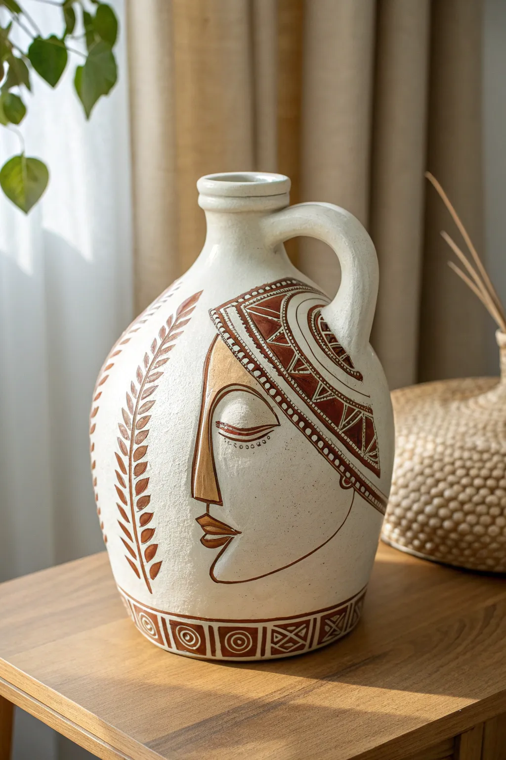 Embrace the fusion of cultures with this Scandinavian-inspired face jug, adorned with African tribal patterns for a touch of boho charm.