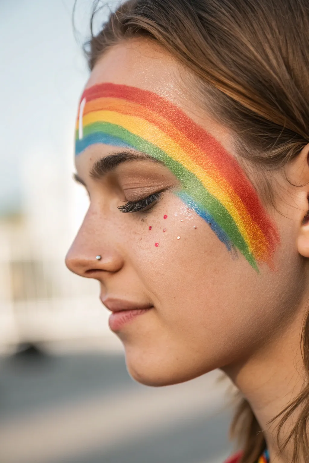 Embrace the joy of colors with this stunning rainbow face paint design, perfect for adding a splash of happiness to any occasion.