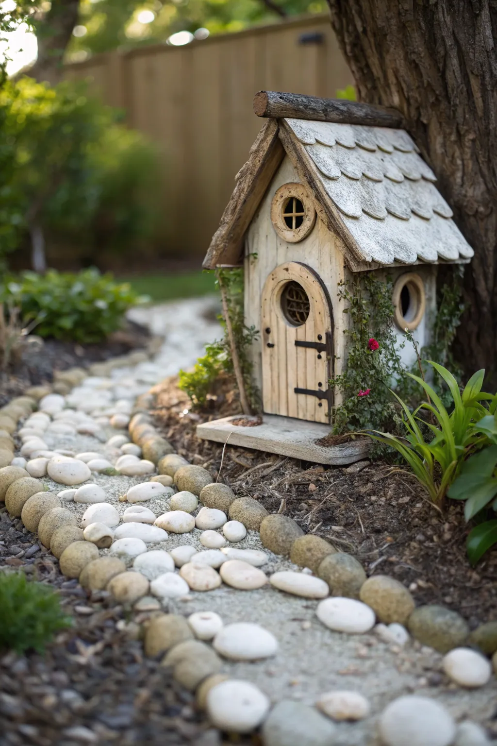 Step into enchantment with a serene pebble path leading to a fairy's haven.