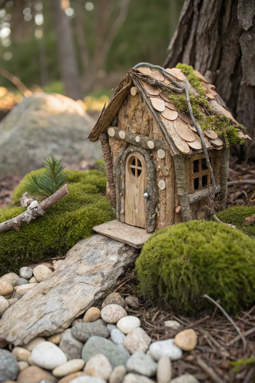 Embrace the magic of nature with this bark-crafted fairy house, a perfect blend of minimalist design and boho charm.