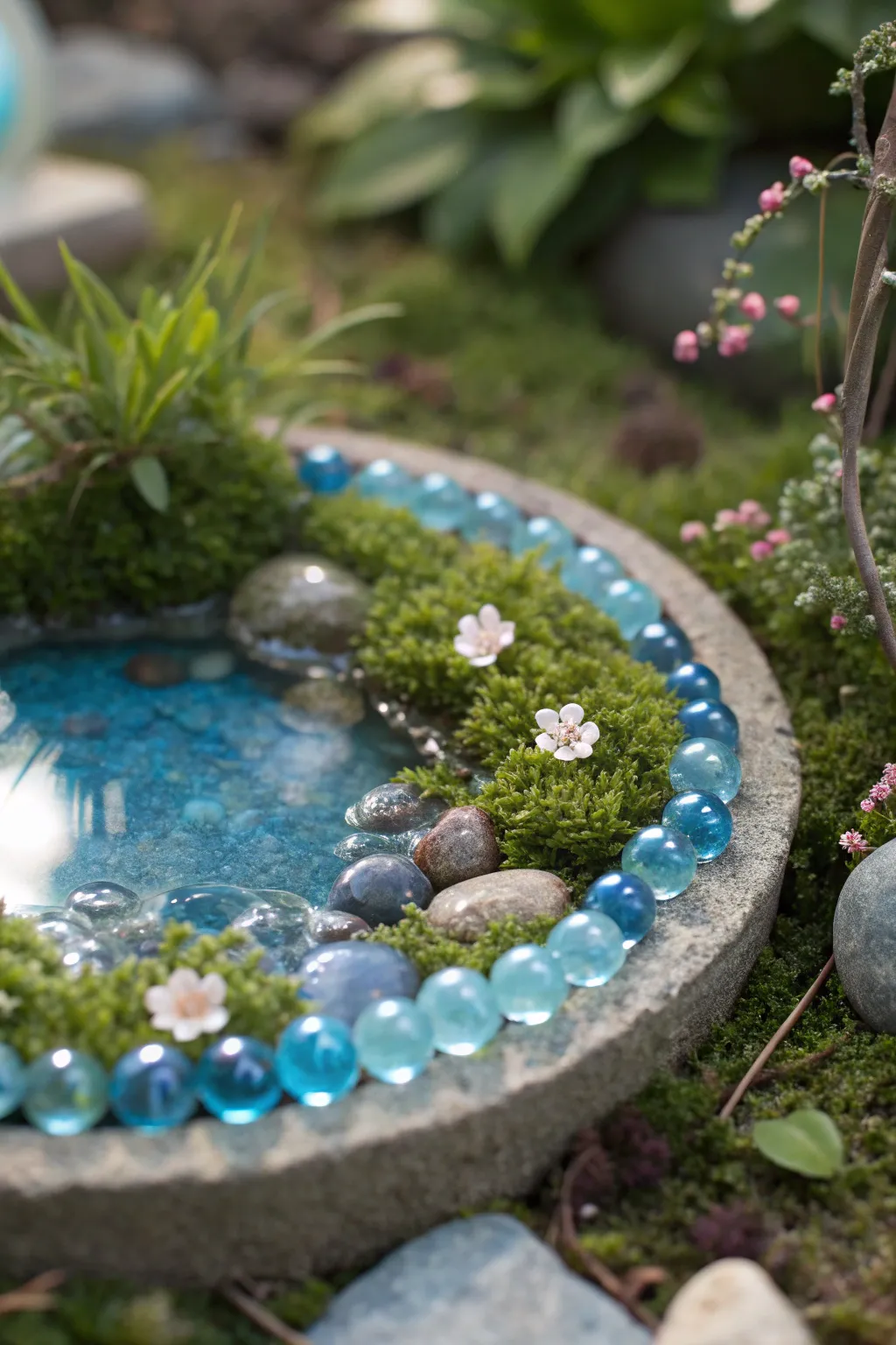Create a magical fairy lake with shimmering glass beads for your little one's garden retreat.