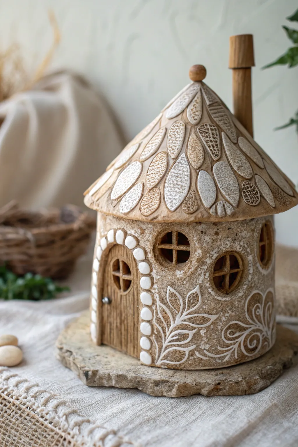 Discover the enchanting world of textured clay with this whimsical fairy house design.
