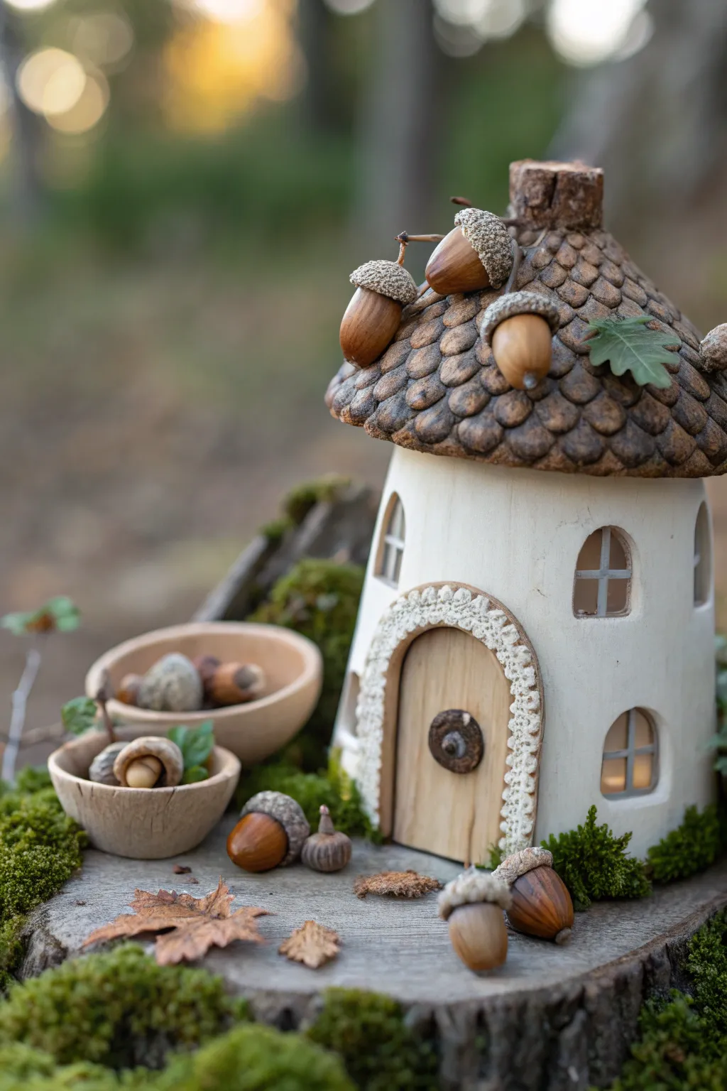 Transform your fairy house with charming acorn decor, where simplicity meets natural beauty.