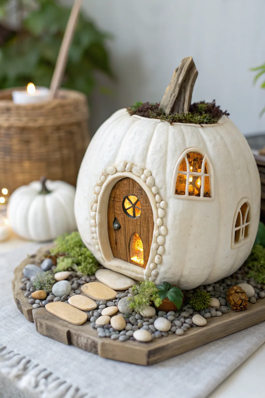 Step into enchantment with this fairy house pumpkin, where tiny pathways beckon the imagination.