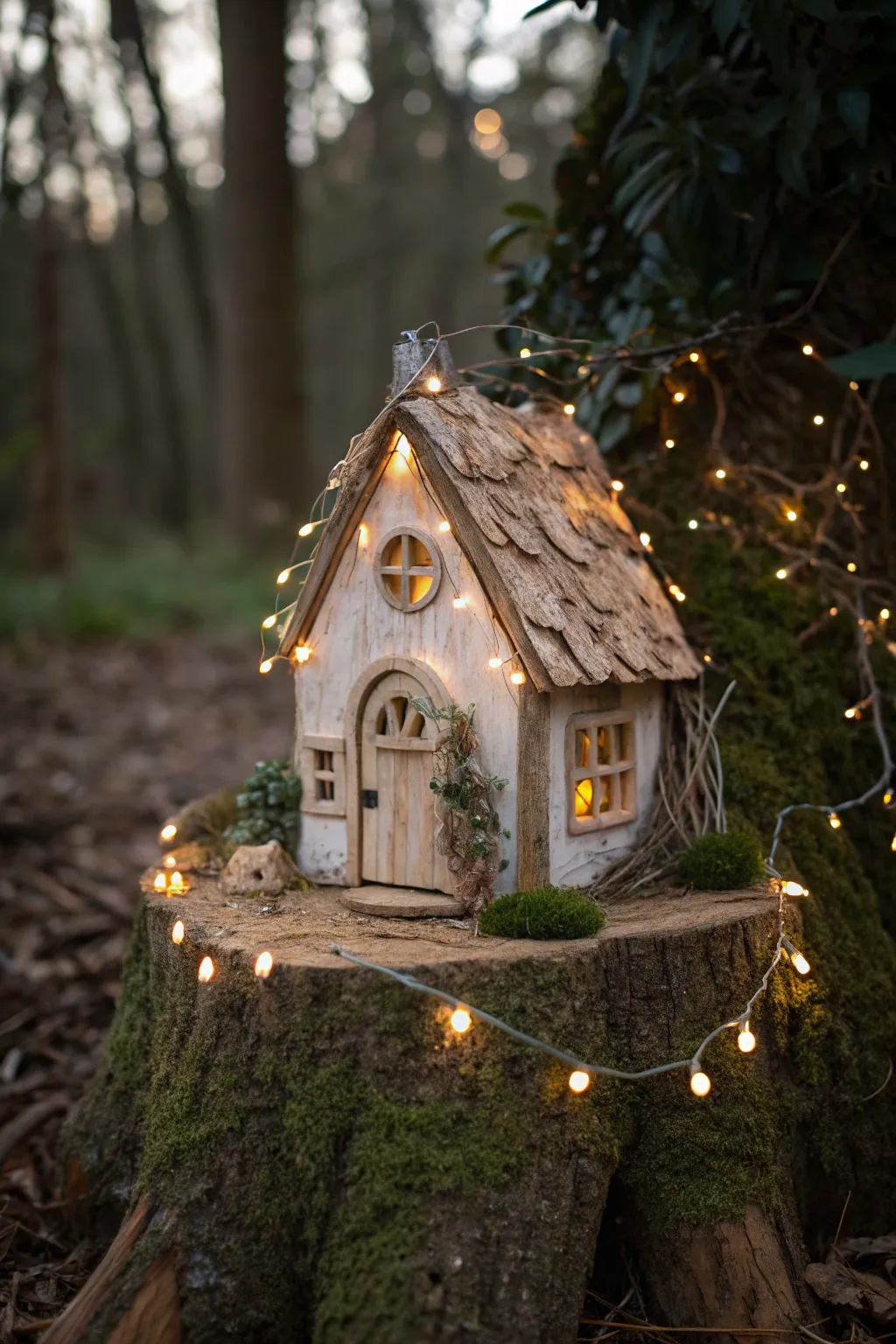 Illuminate your fairy dreams with enchanting lights and rustic charm.