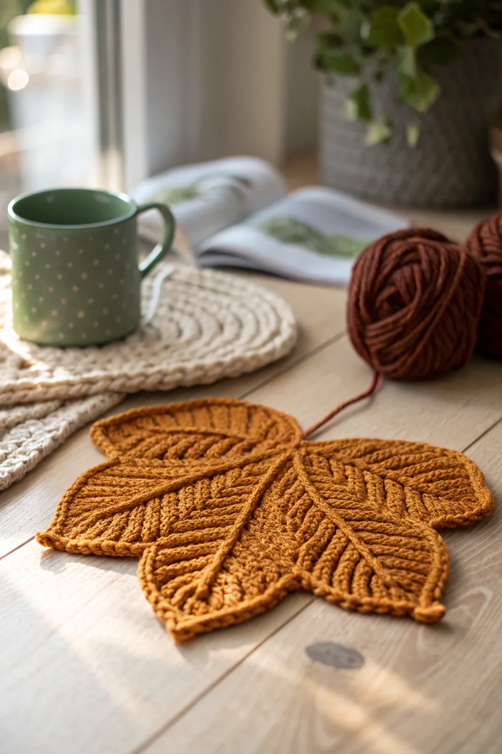 Add a touch of autumn elegance to your home with these charming leaf-shaped crochet coasters. 🍂✨
