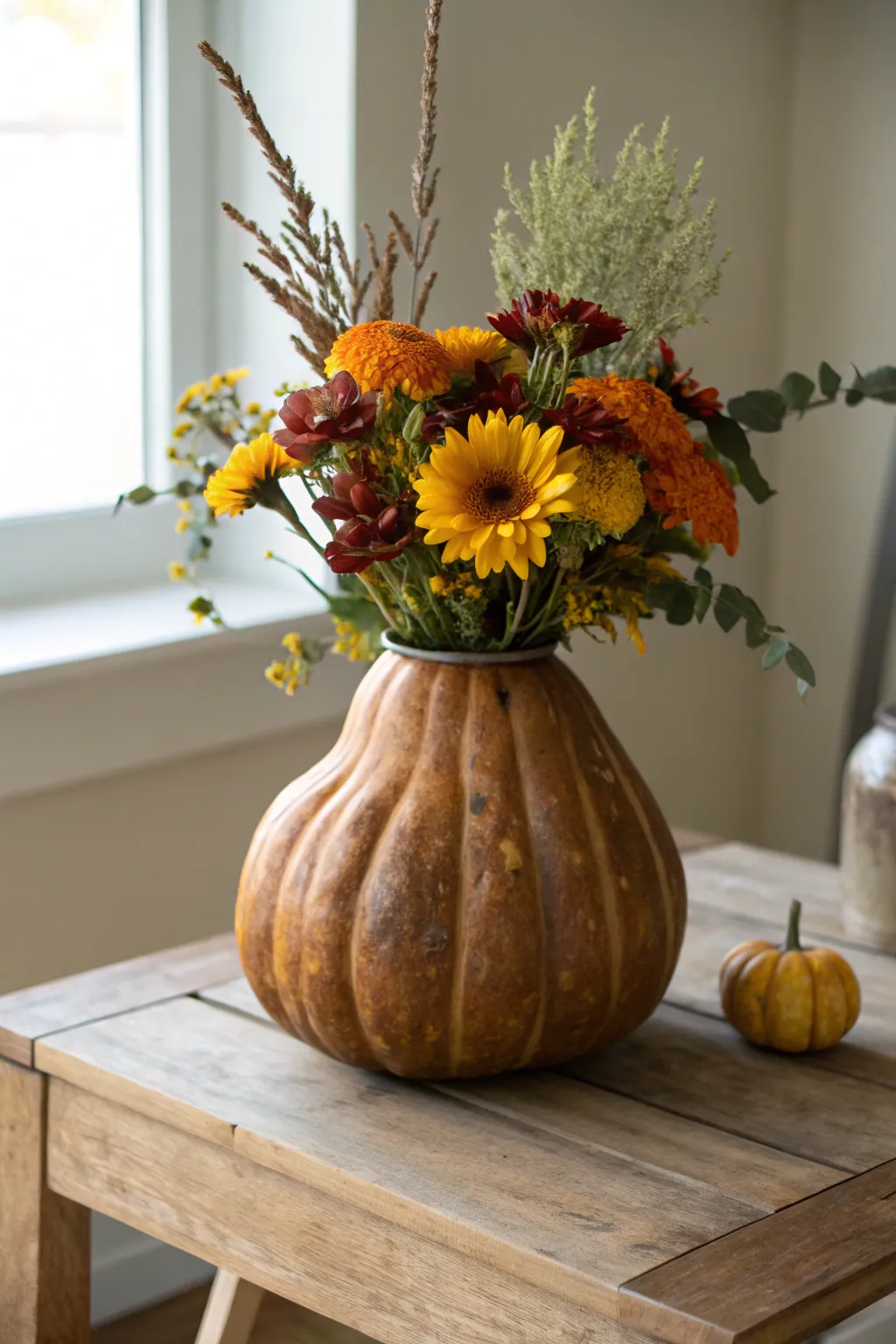 Embrace autumn's charm with a handcrafted gourd vase, where nature meets artistry in every curve.