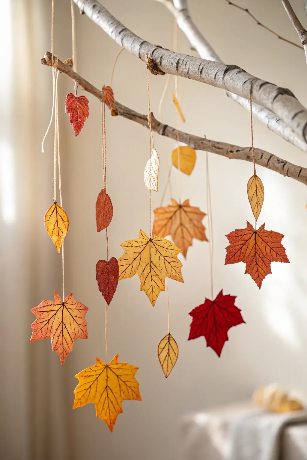 Embrace autumn's beauty with a handcrafted leaf mobile, a perfect blend of simplicity and natural elegance.