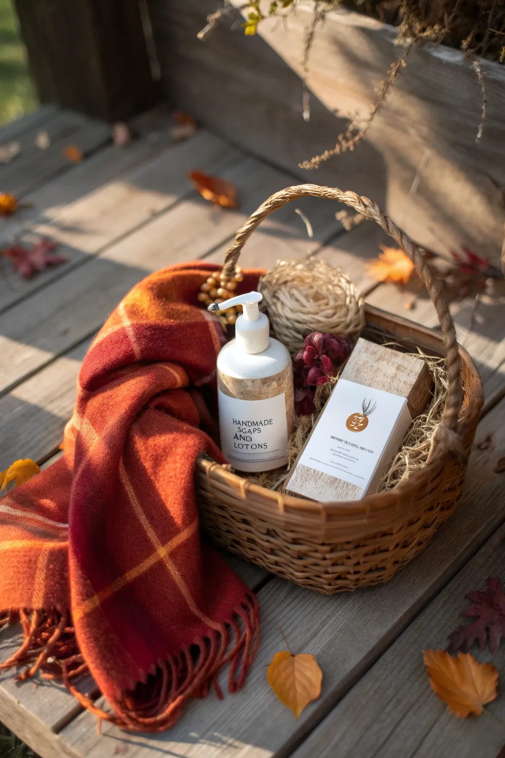 Embrace the cozy charm of fall with a handcrafted gift basket, perfect for a rustic retreat.