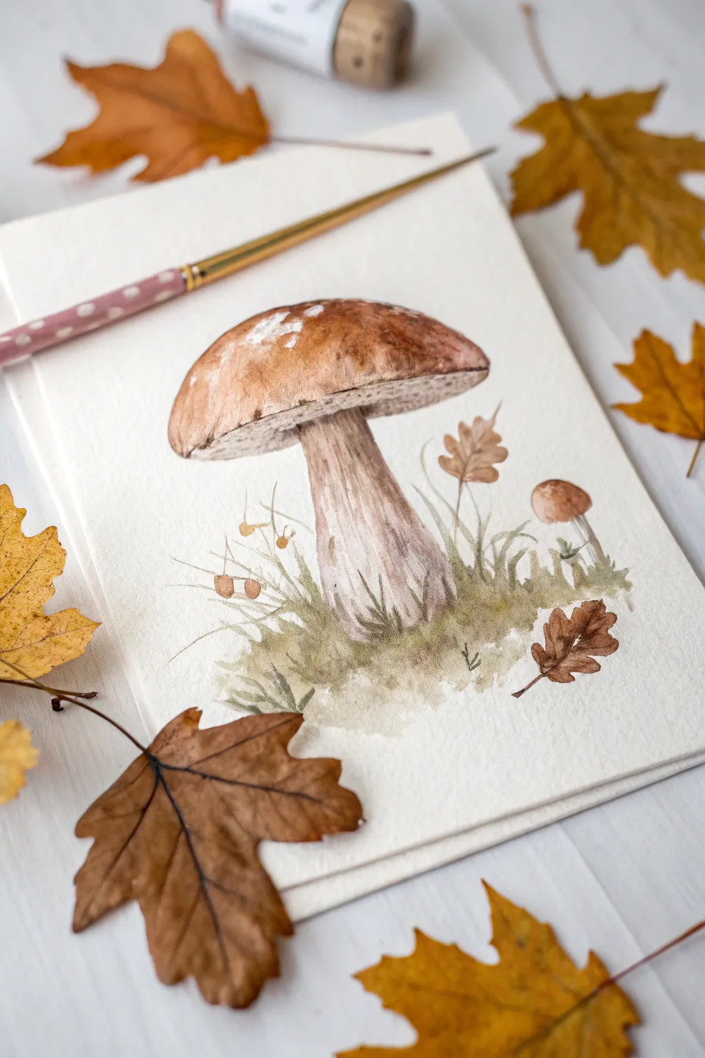 Delicate watercolor mushrooms bring a whimsical touch to fall art.
