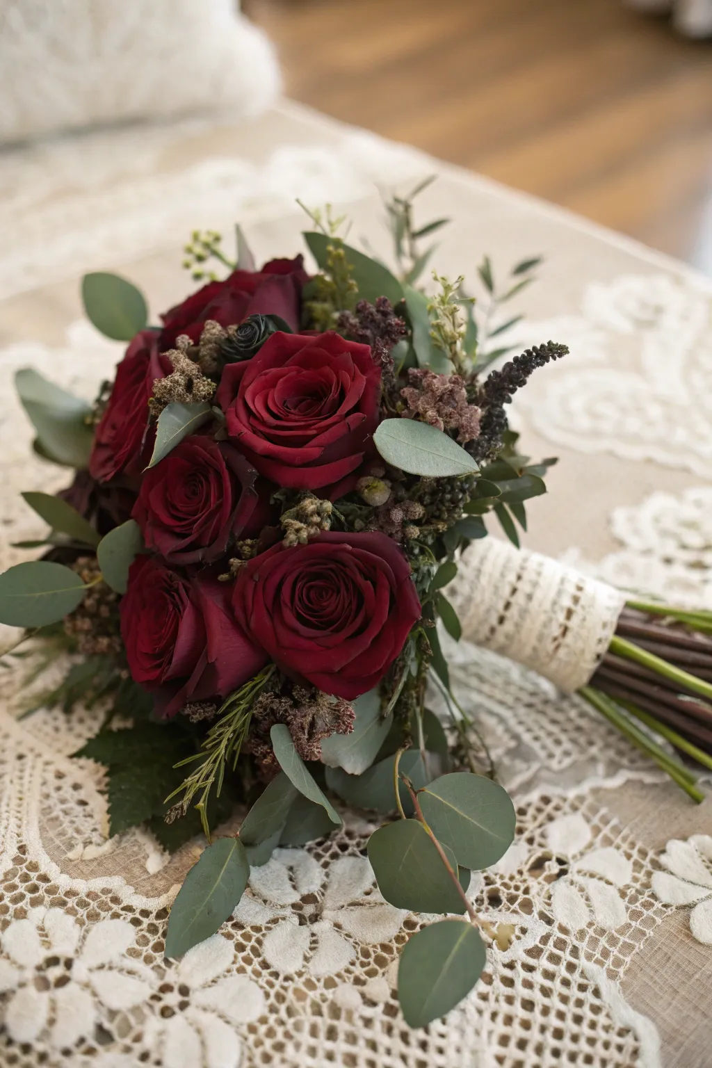 Maroon roses enhance the romantic mood of fall weddings.