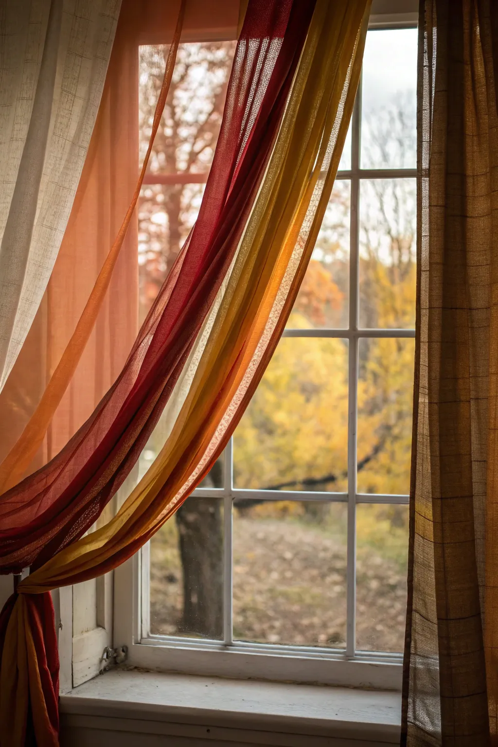 Elegant autumn-hued drapes framing a fall window.