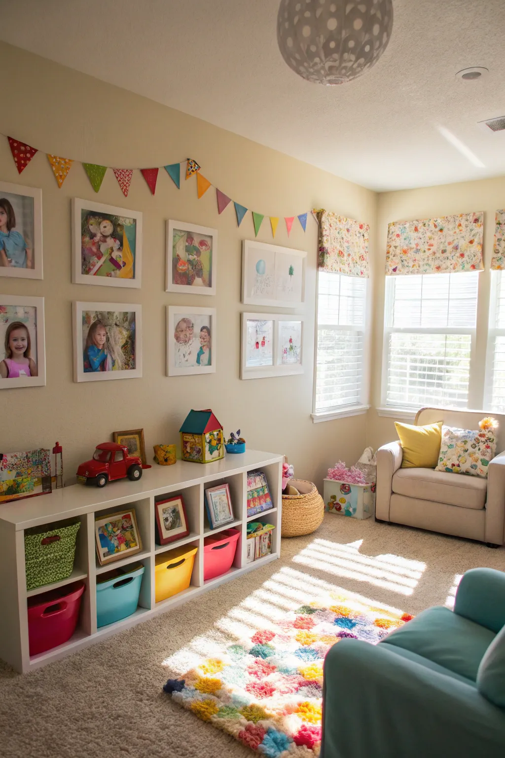 Personalized wall art and family photos add a unique touch to the playroom.