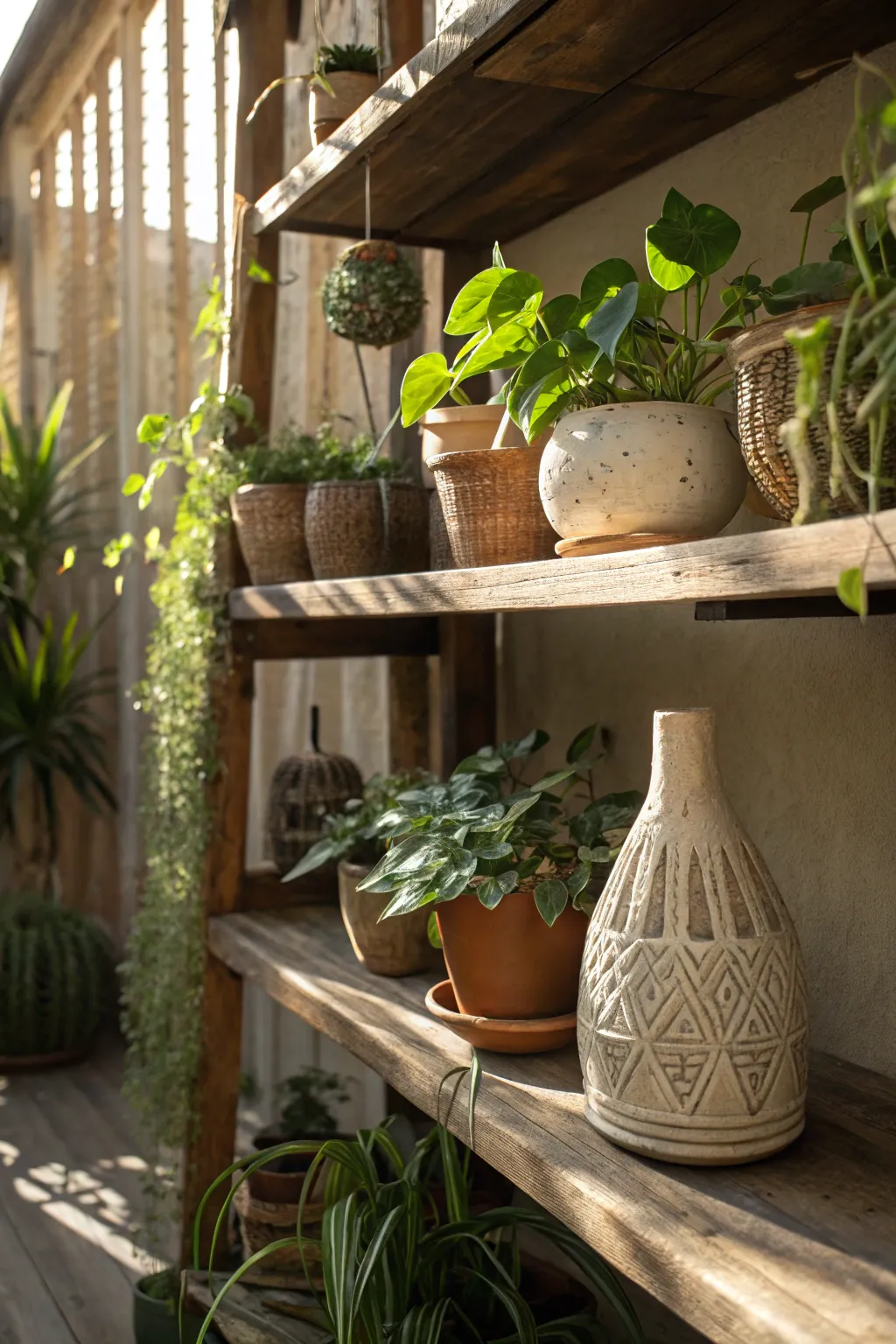 Plants and ceramics add natural beauty and texture.