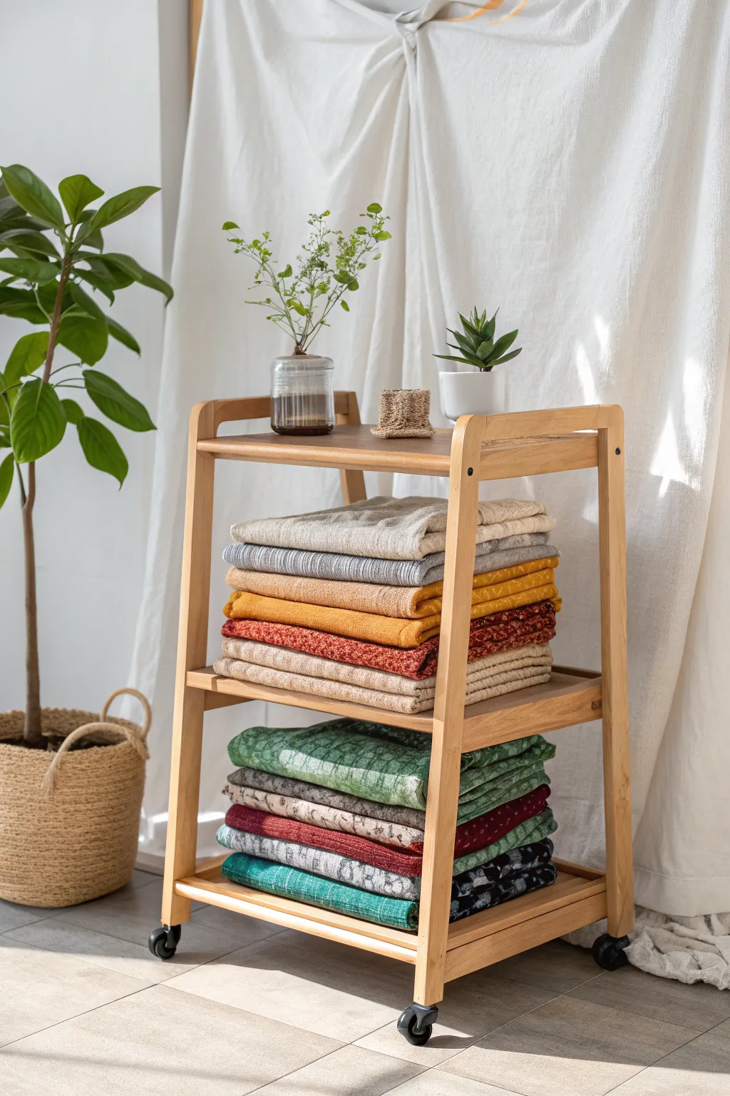 Elevate your studio's charm with a beautifully organized rolling cart for your fabric stash.