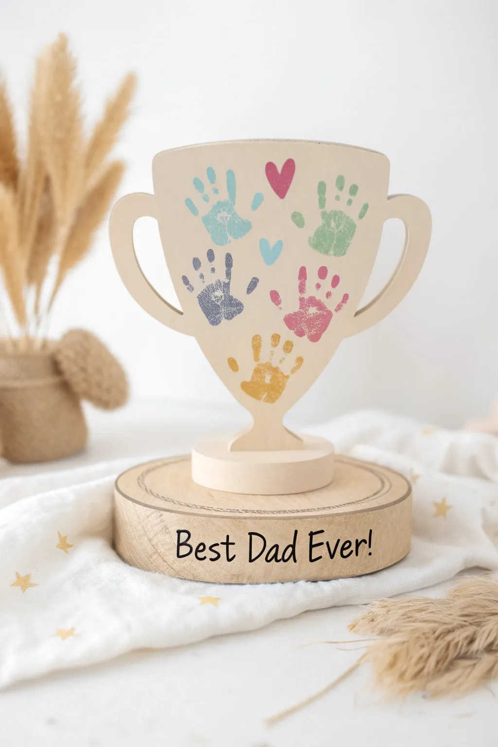 Celebrate Father's Day with a heartfelt, handcrafted trophy adorned with your baby's colorful handprints. A simple and charming keepsake for the 'Best Dad Ever!'