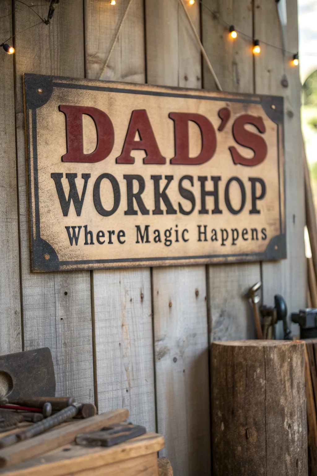 Celebrate craftsmanship and the magic of dad's workshop with this personalized vintage sign.