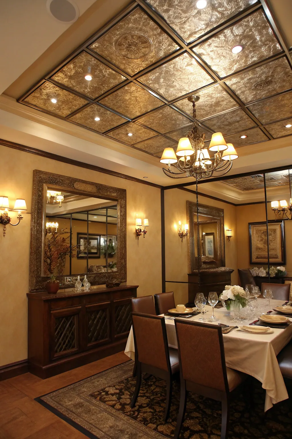 Mirrored panels give your faux tray ceiling a spacious feel.