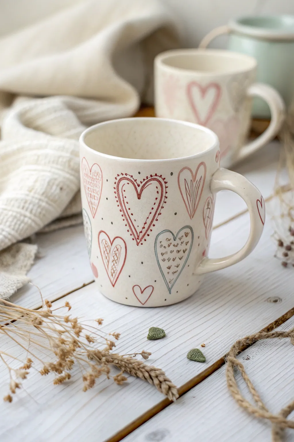 Sip your morning brew from a hand-painted heart mug and start the day with love and warmth.