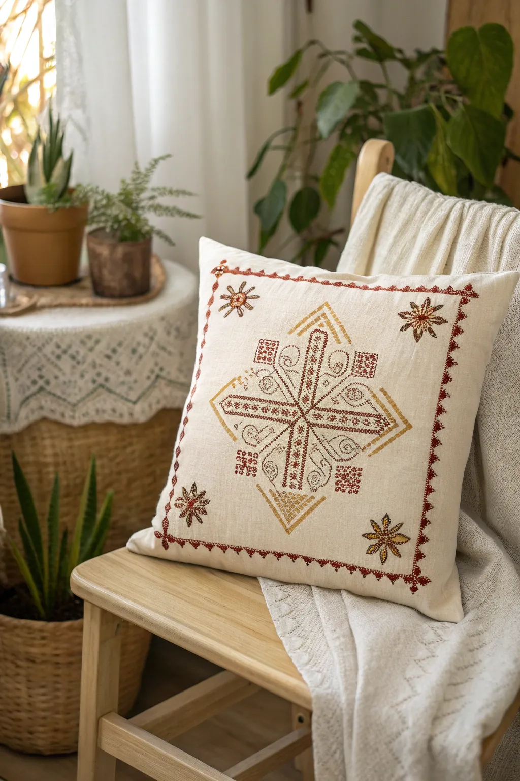 Elevate your space with a handcrafted cross-stitched pillow cover, blending art with comfort in a minimalist setting.