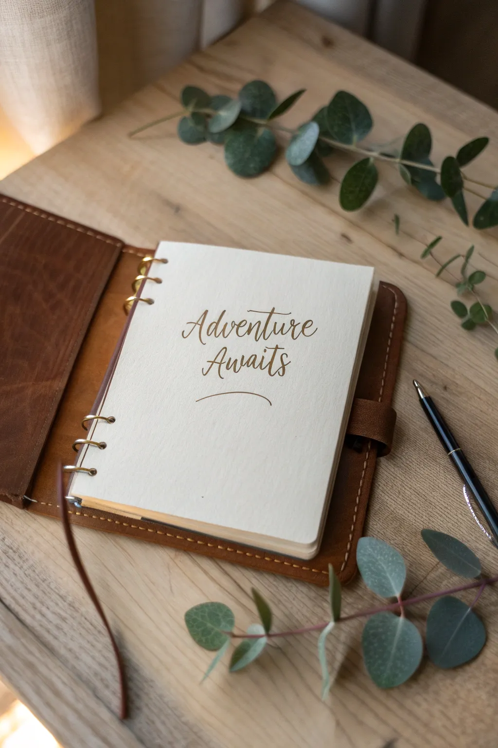 Begin your journey with inspiration—'Adventure Awaits' on the first page of your journal.