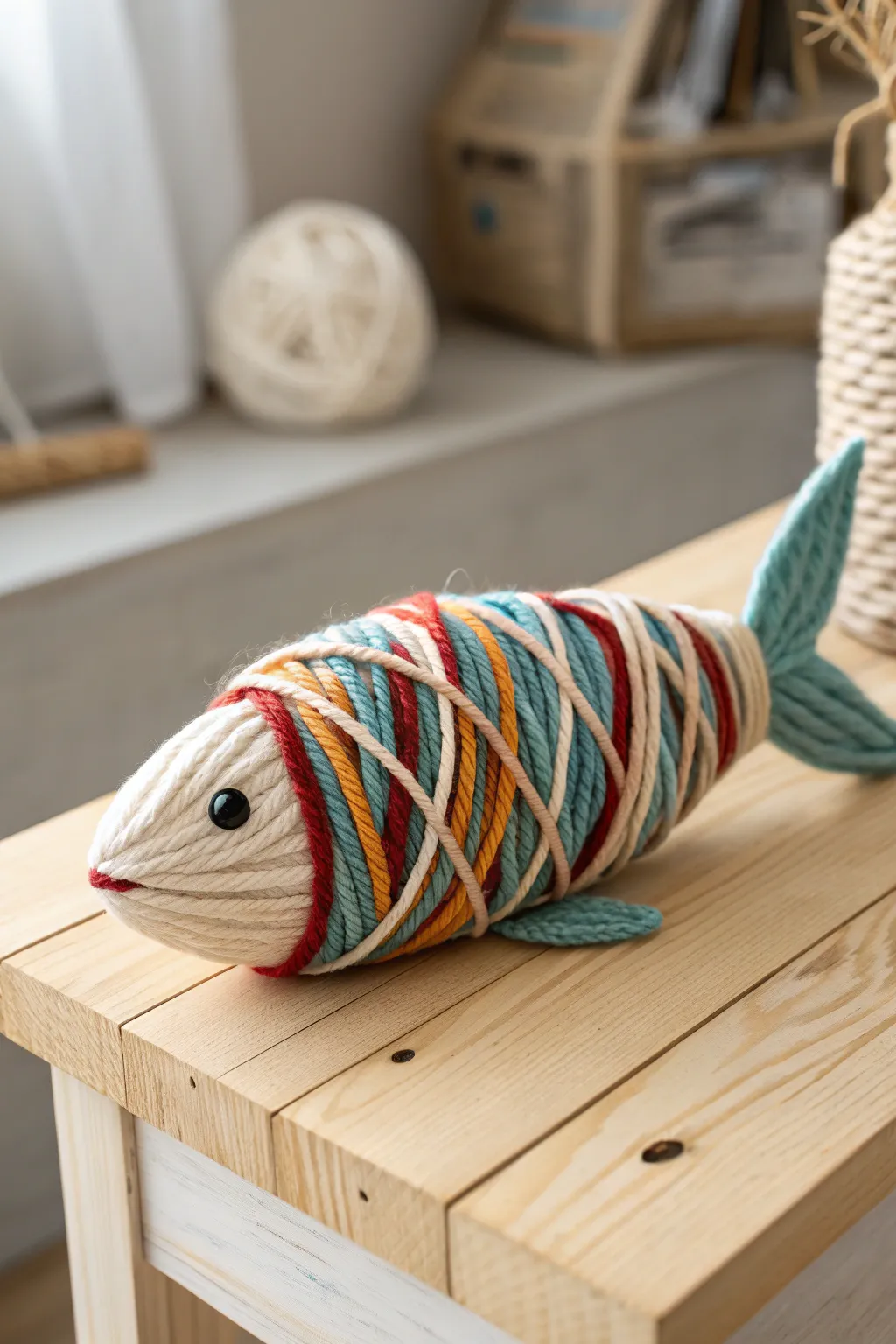 Embrace the art of simplicity with this charming yarn-wrapped fish, a cozy blend of color and texture.