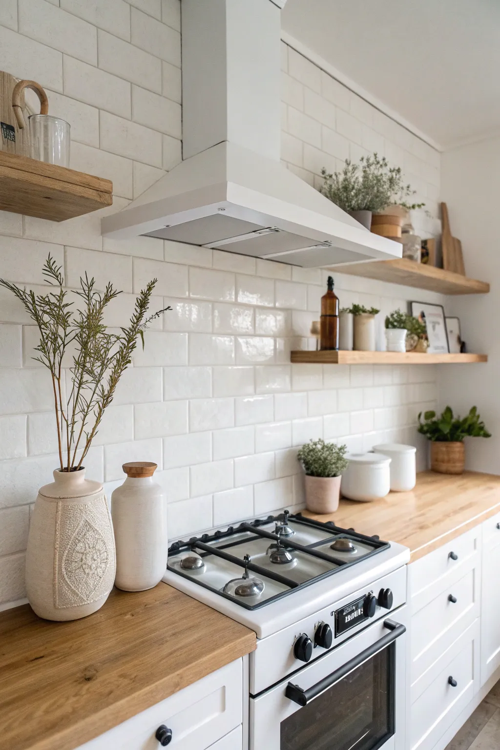Elevate your kitchen's elegance with minimalist white floating shelves that blend seamlessly for a touch of Scandinavian charm.
