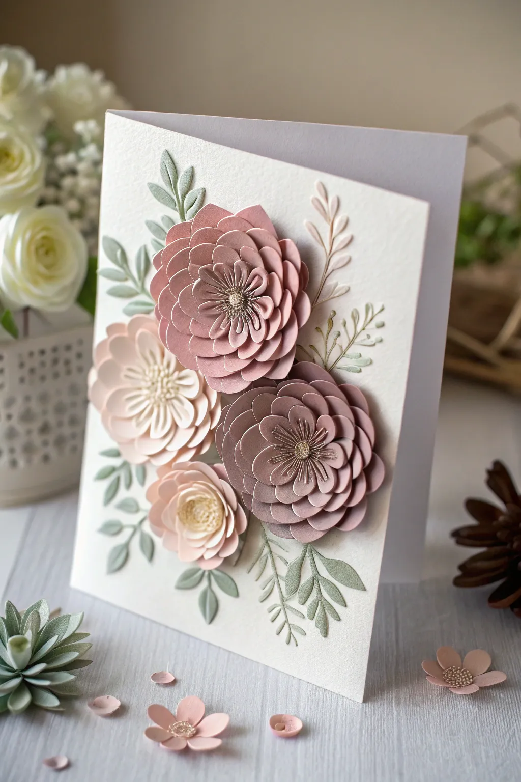 Elevate your card-making with layered cut-out flowers for a touch of minimalist elegance.