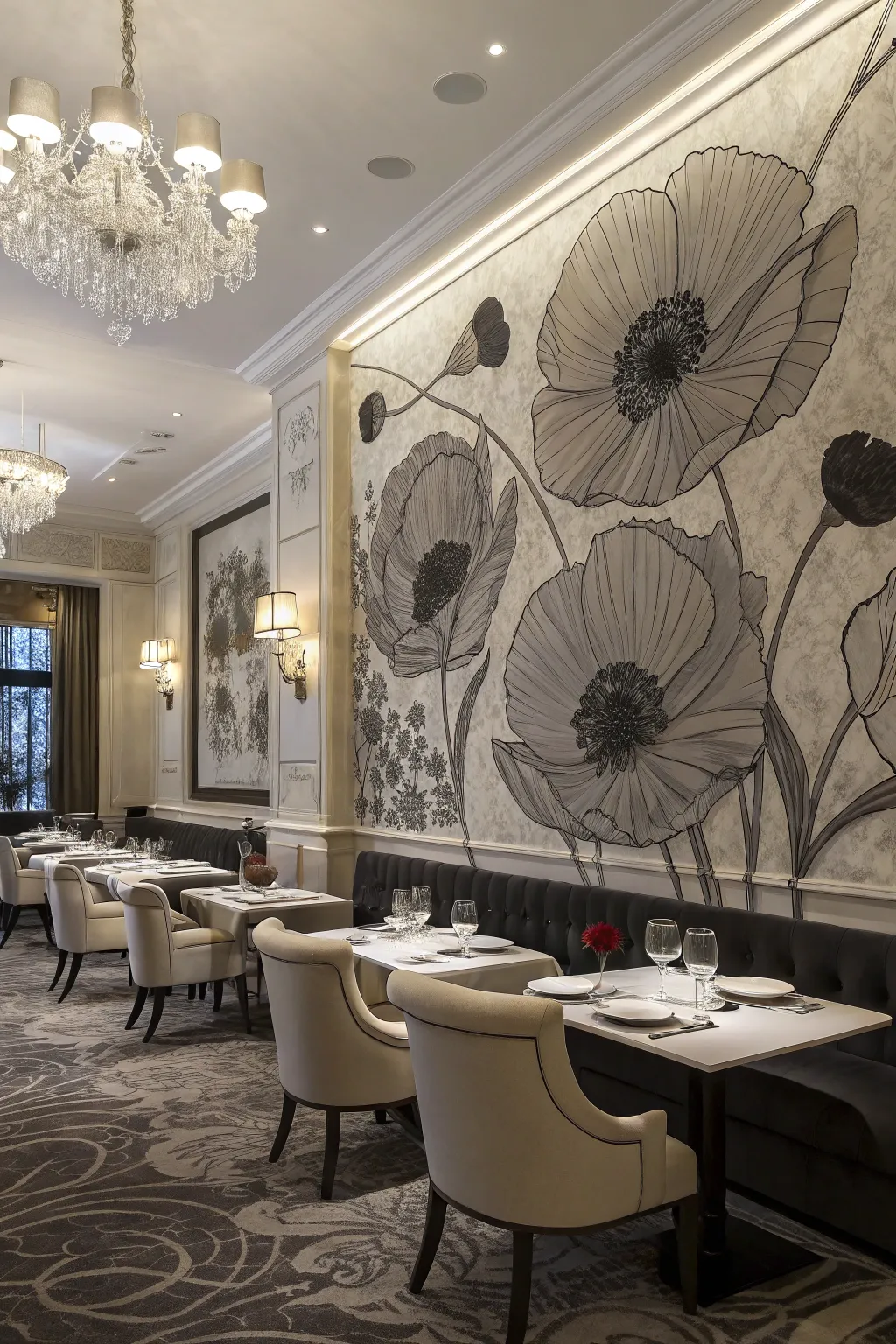 A monochrome poppy mural adds sophistication to any dining area.