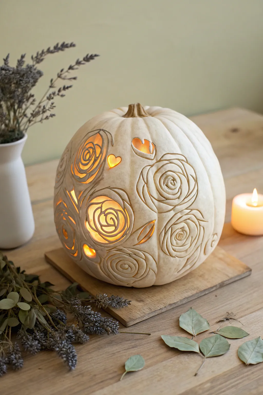 Illuminate your space with the enchanting rosy glow of a beautifully carved pumpkin, perfect for adding a touch of romance to any setting.