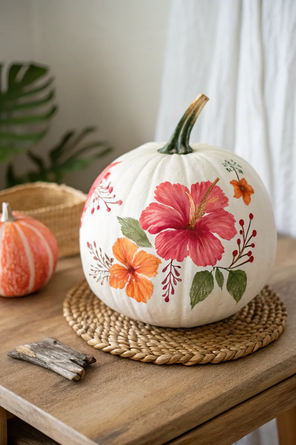 Embrace the tropics with bold hibiscus blooms on a minimalist canvas.