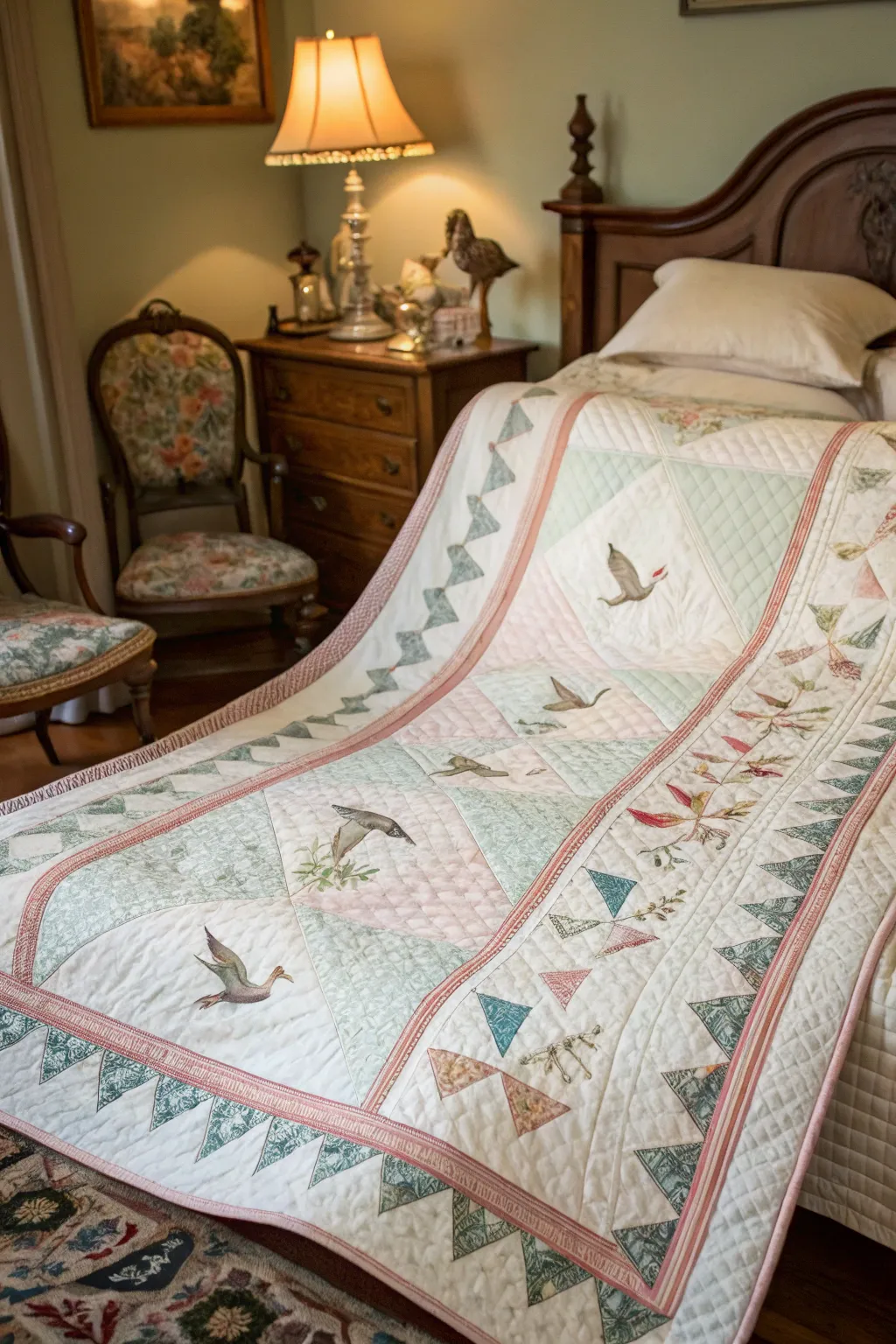 Flying geese borders in vintage pastels for a nostalgic touch.