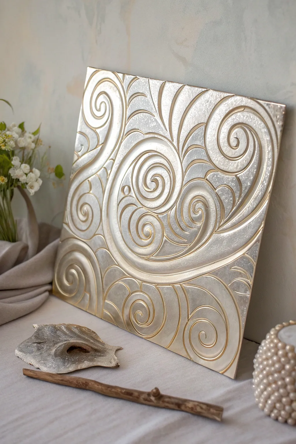 Discover the elegance of abstract swirls in foil, where light dances across curves in a minimalist masterpiece.