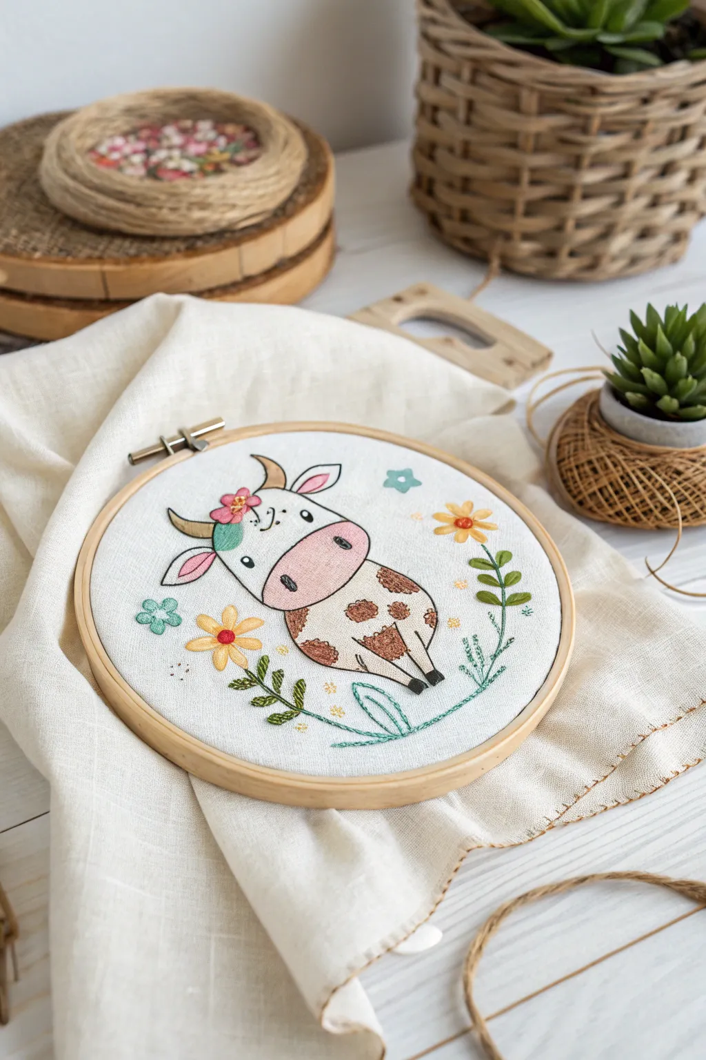 Add a touch of countryside charm with this cheerful cross-stitched cow pattern!