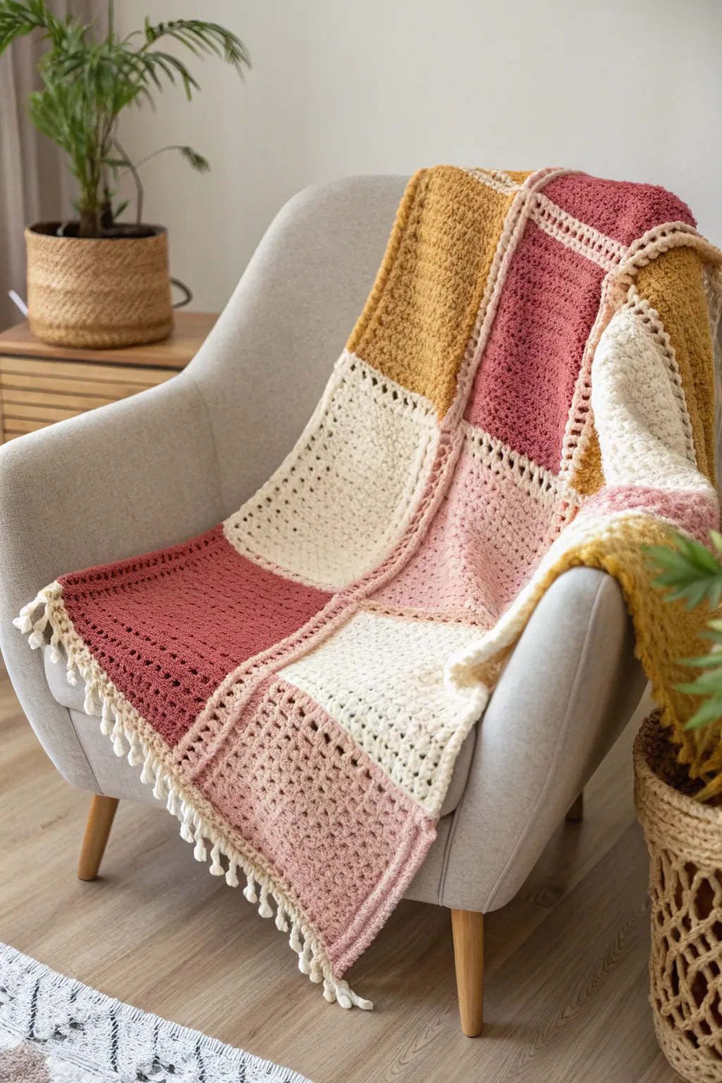Elevate your space with the artistry of bold color blocks in crochet.