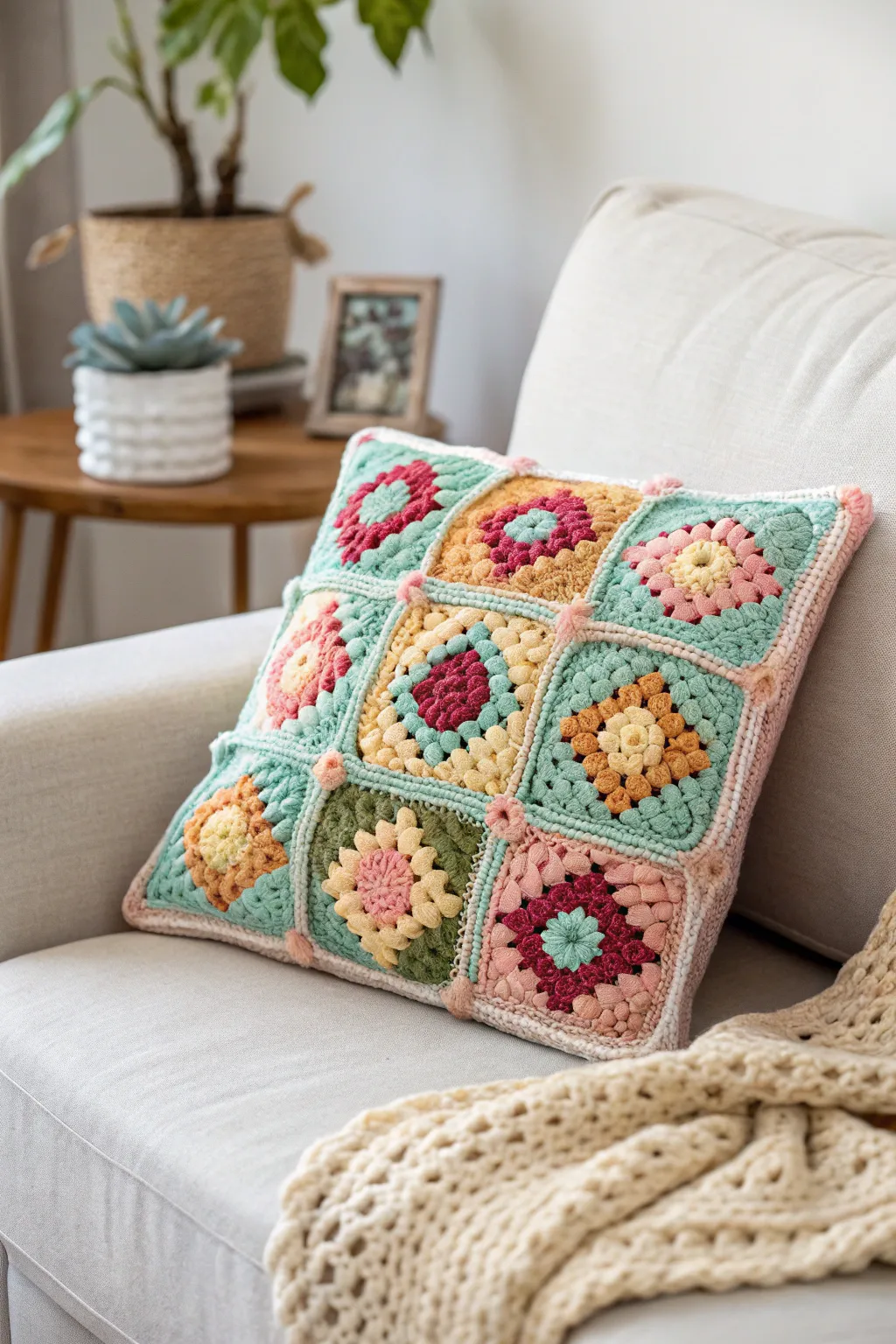 Add a splash of color and craftsmanship to your space with a vibrant granny square pillow.